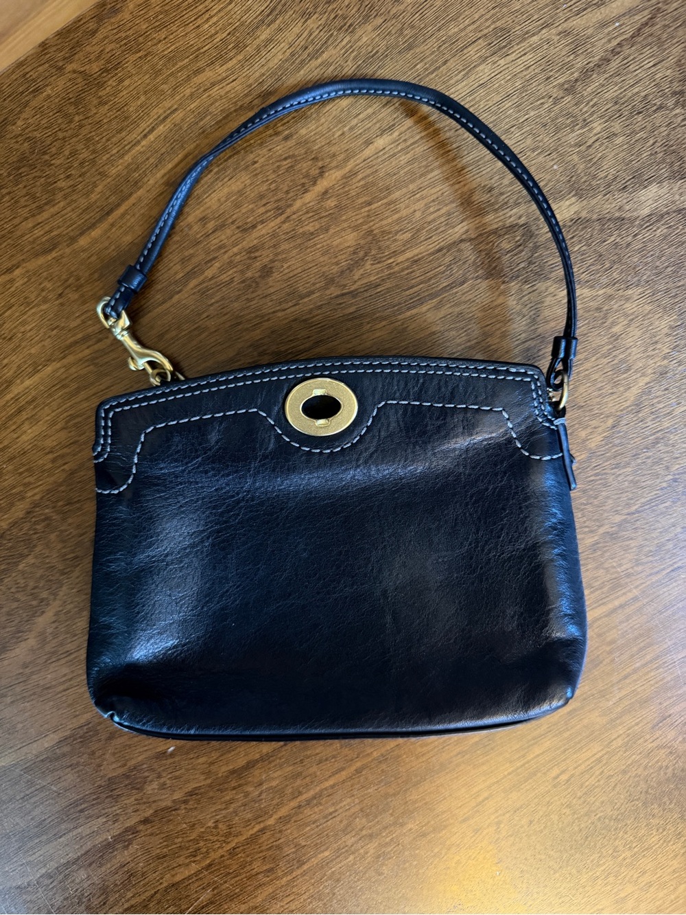 Coach Black Leather Wristlet with Gold Accent